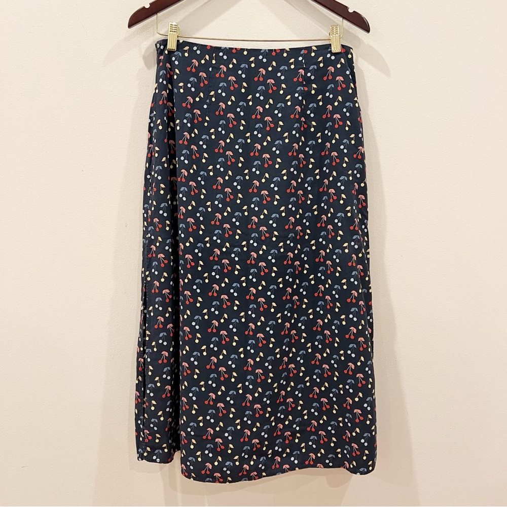Marine Layer Ryan Skirt Womens 8 Navy Blue Cherry Print Midi Side Slits Retro